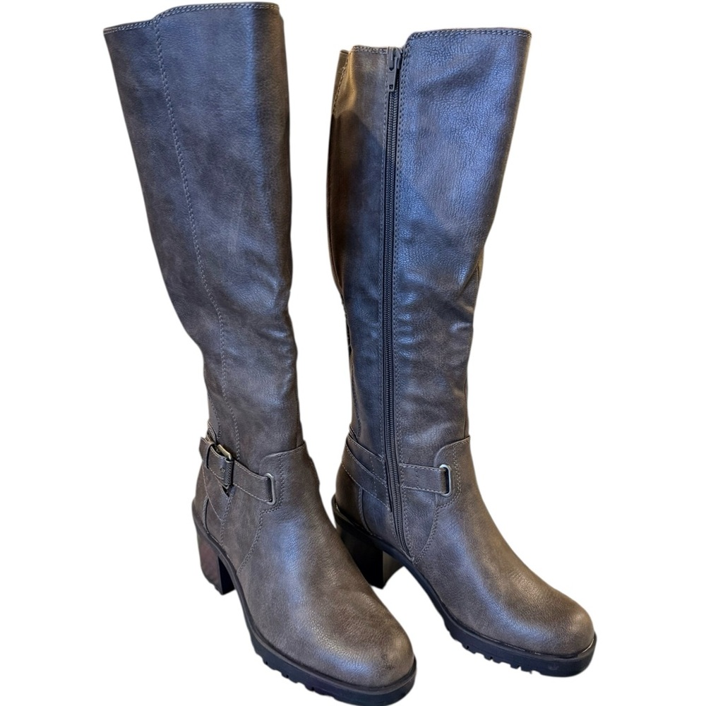 BareTraps Grey Knee High Boots Riding Stack Heel Tempist 6 NWT Faux Leather New - Picture 9 of 14